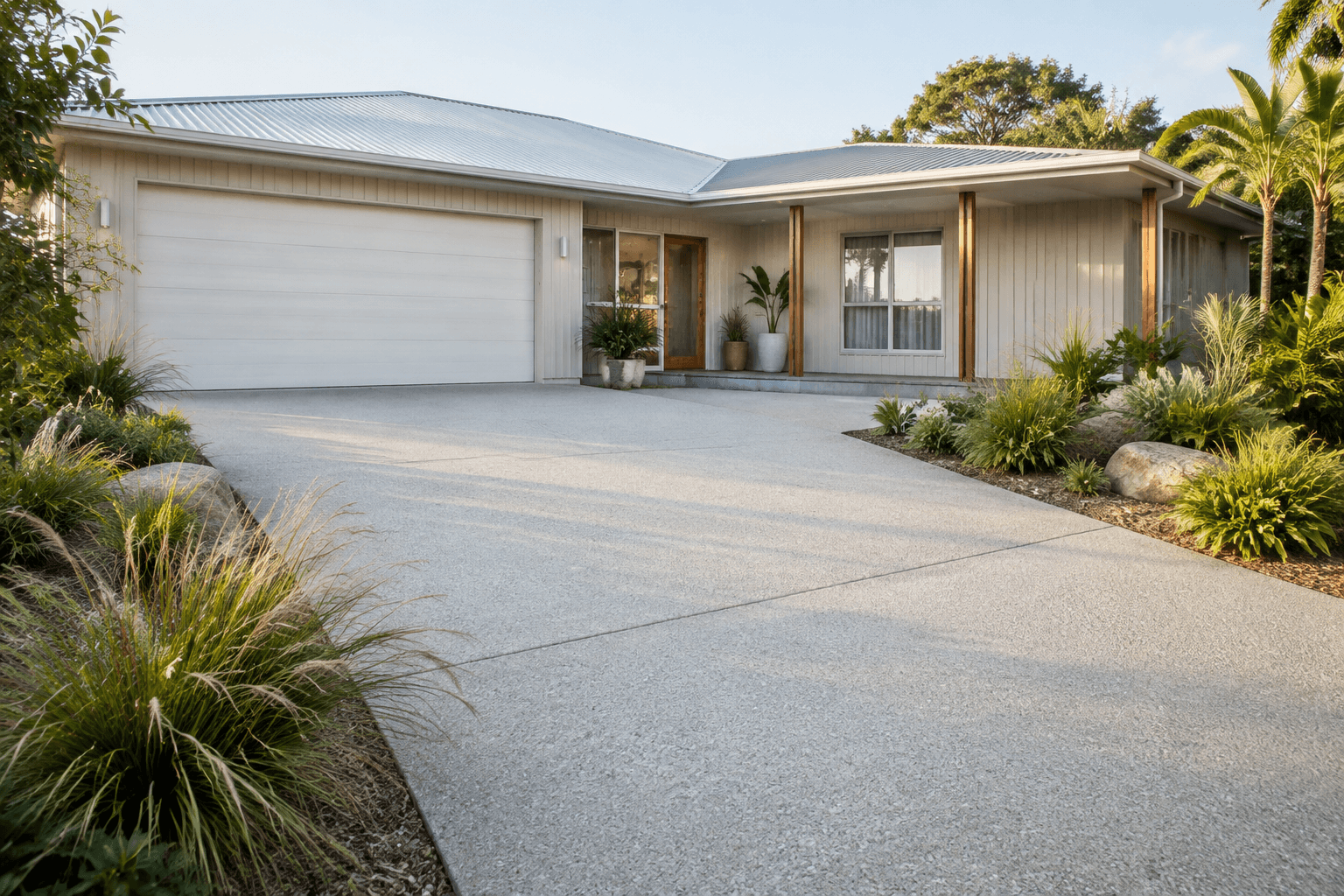 light exposed aggregate driveway at a relaxed Australian coastal home